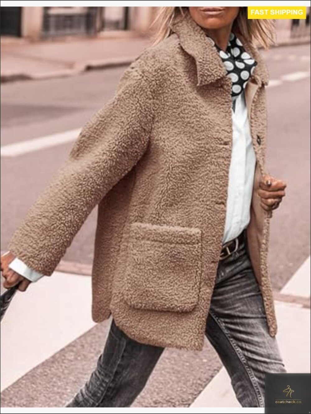 Faux Fur Coat Long Sleeve Lapel Button Down Pockets Sherpa Jacket Winter Trendy - Picture 2 of 7